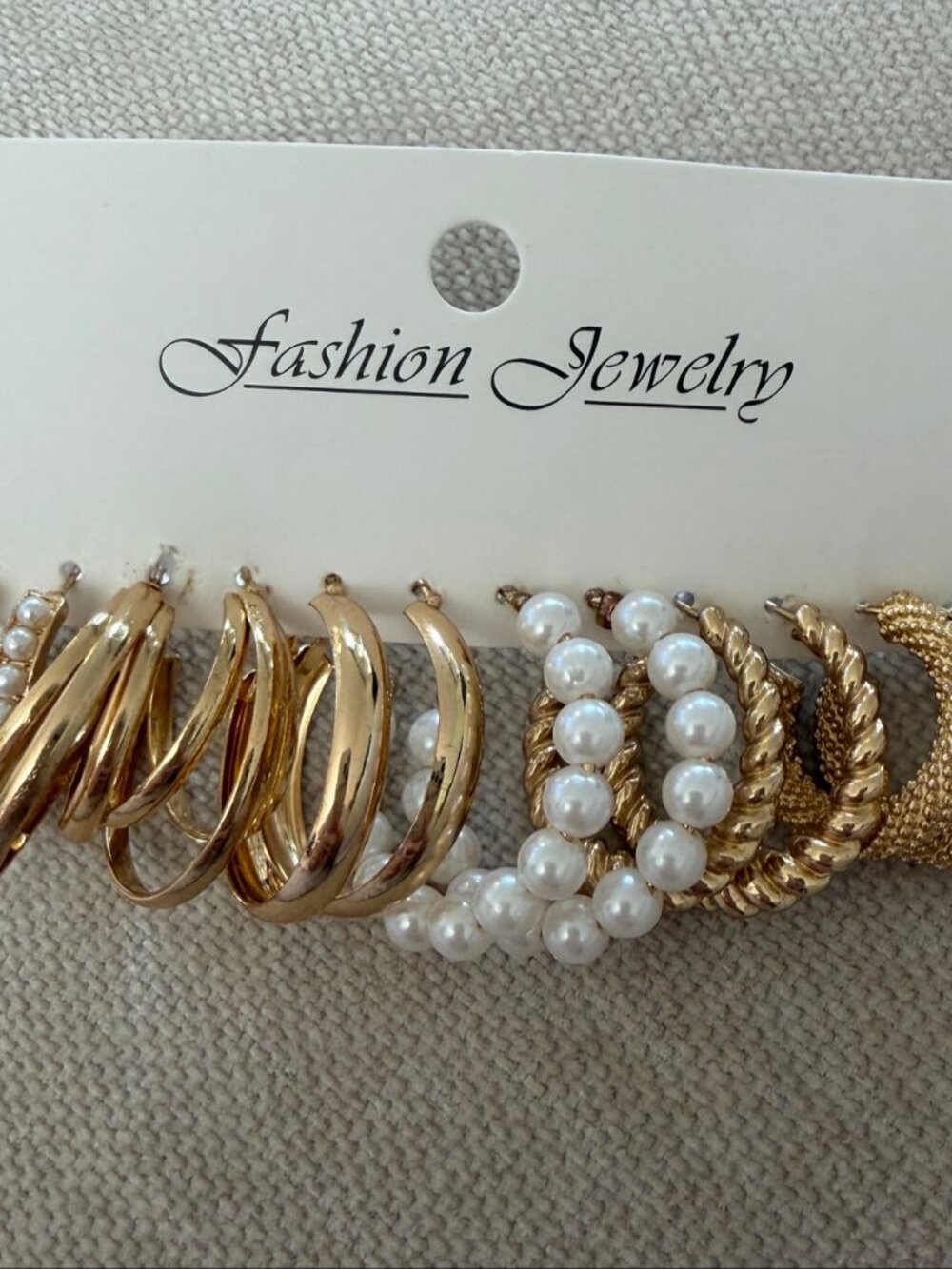 Gold Tone Hoop Earrings Set of 6 Pairs Pearl Twisted